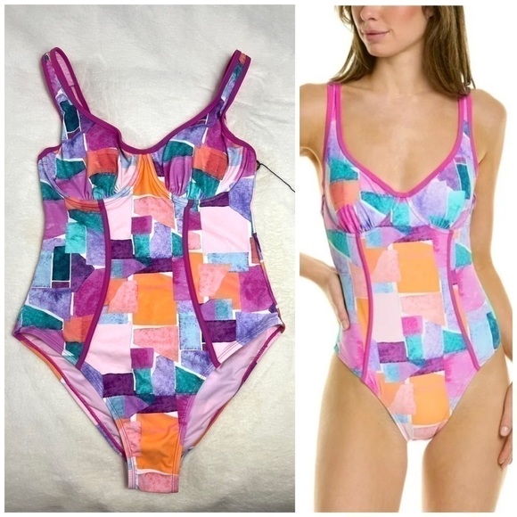 Nanette Lepore Pink Multi Color Block Molded One Piece Swimsuit Size 12 Large - Picture 1 of 7